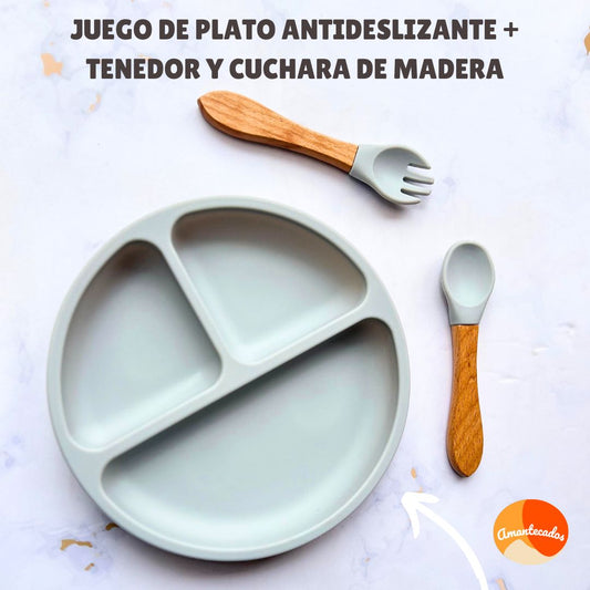 Set de plato antideslizante + tenedor y cuchara de madera